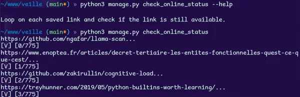 Capture d'écran d'un terminal dans lequel la commande "check_online_status" est lancée. Elle semble itérer sur tous les liens de l'application, et doit sûrement tester s'ils sont toujours en ligne ou pas.