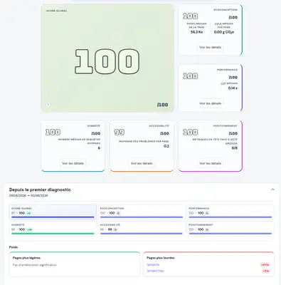 Screenshot de la partie principale du rapport d'un site ; quasiment tous les scores sont à 100/100.