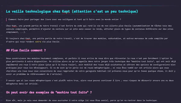 Screenshot de mon instance de Obsidian, le fond est violet sombre, le texte est blanc, les titres sont bleu néon & violet (néon aussi). La font utilisée ressemble beaucoup à Comic sans MS, mais est à chasse fixe.