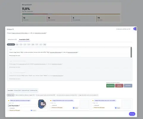 Screenshot d'une page de l'audit RGAA, où on peut voir en premier plan une popup listant des éléments ayant un problème potentiel, et en arrière plan un résumé du score actuel.