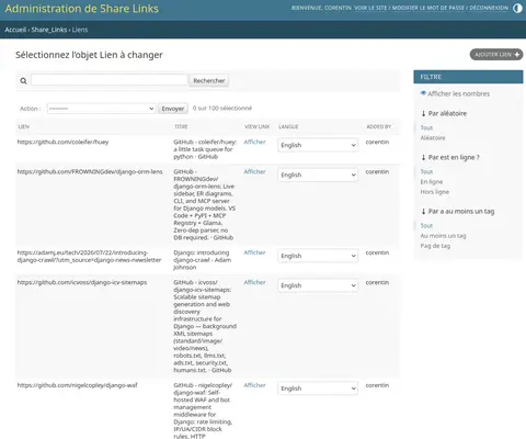 Administration de l'instance de share-links de Kapt ; une interface d'administration autogénérée par Django listant des liens, avec quelques filtres créés à la main (voir les liens avec tags, voir les liens sans tags, trier aléatoirement...).