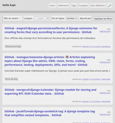 Screenshot de l'instance de share-links de Kapt ; une page web avec un menu en haut, des filtres juste en dessous, puis des blocs contenant un combo titre de la page + date de post + tags + auteur.