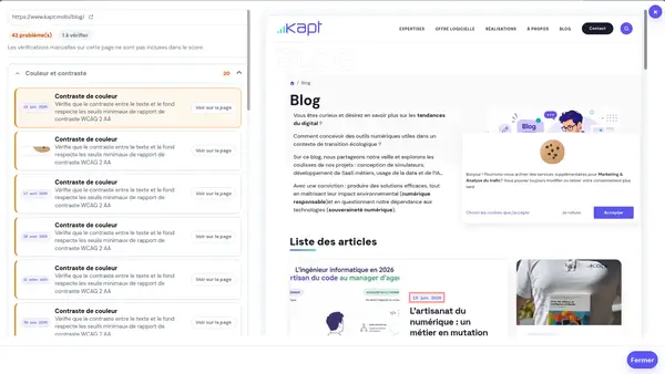 Screenshot d'une page du diagnostic montrant une page à droite, et des éléments de la page à gauche.